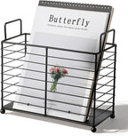 Metal Magazine Holder Rack, Black Iron Wire Storage Basket with Handles for Books, Newspapers, Tablets, Files, Mail Organizer for Home Office Living Room Bedroom