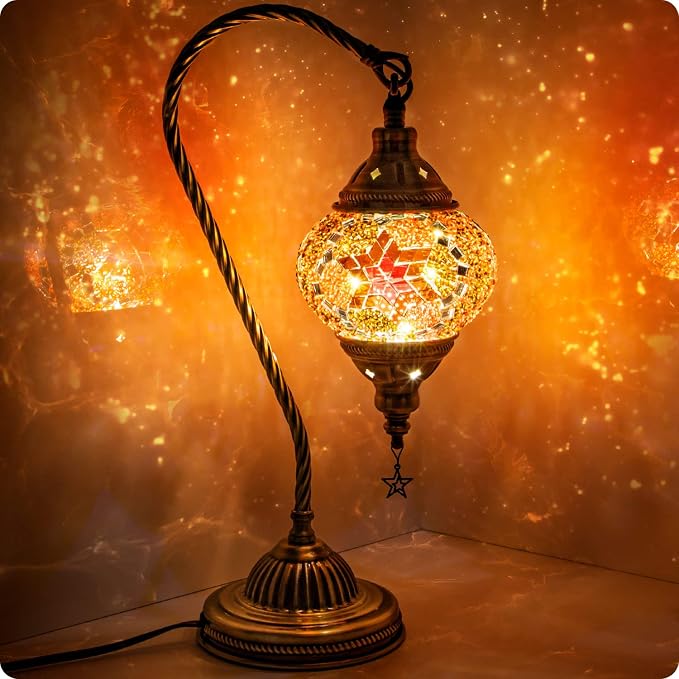 Yarra-Decor Turkish Moroccan Lamp with Bronze Base 3-Way Color Changing Handmade Swan Neck Tiffany Mosaic Glass Bedside Lamps for Bedroom (LED Bulb Included) (Red2)