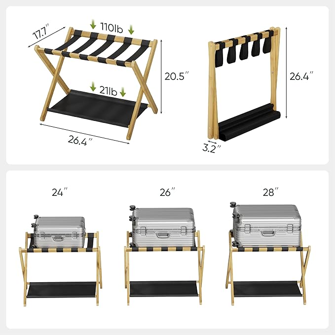 Luggage Rack, Folding Luggage Rack for Guest Room, Bamboo Suitcase Stand Holds up to 131 lb, Luggage Stand with Storage Shelf for Hotel, Bedroom (1 Pack)