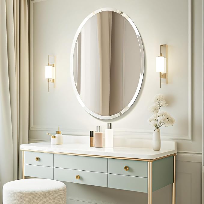 USHOWER Bathroom Mirror for Over Sink, 24x36 Inch Oval Frameless Mirror, Beveled and Polished, Decorative Wall Mirror for Bathroom, Bedroom, Vanity, Entryway, Modern and Elegant