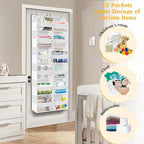 Over The Door Organizer 6 Tiers, Extra Large Behind Door Storage of 12 Compartments, 80 lbs Weight Capacity Hanging Storage Organizer with Clear Window Kids Toys, Shoes,Diapers, Room Storage, White