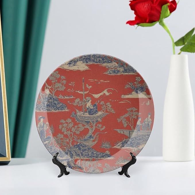 Cheng Toile Dynasty Red Chinoiserie Decorative Plate, Personalized Chinese Plates for Household Art Decoration Festival Decor, 1 Plate with 1 Display Stand Art Decorations for Office Table