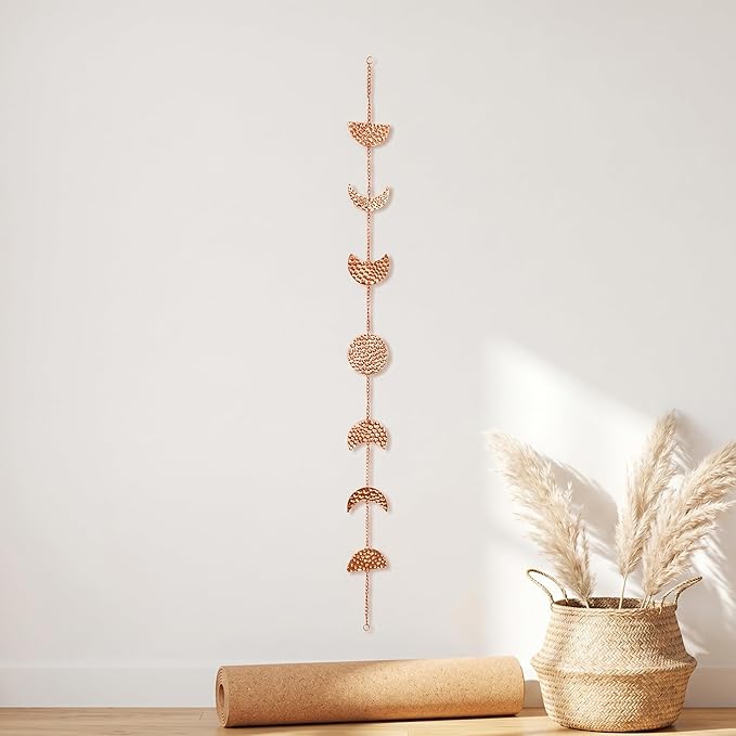 opulinea 32 Inch Hammered Rose Gold Moon Phase Metal Wall Decor, Celestial Hanging Wall Sculpture, Boho Lunar Wall Art for Bedroom, Living Room, Bathroom, Apartment