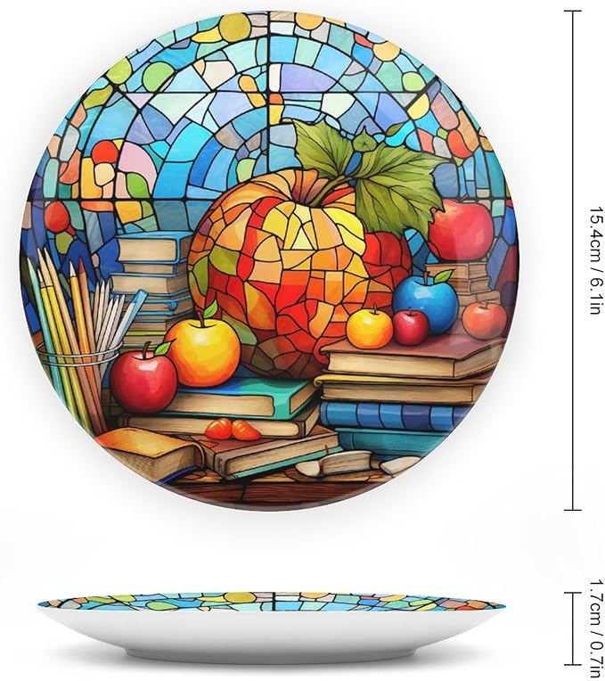 Decorative Plates for Wall Hanging, Back to School Stained Glass Painting Ceramic Plate w/ Display Stand, Home Decor for Kitchen Cabinets, Farmhouse Round Tray 6 Inch, Gift for Teacher Or Student