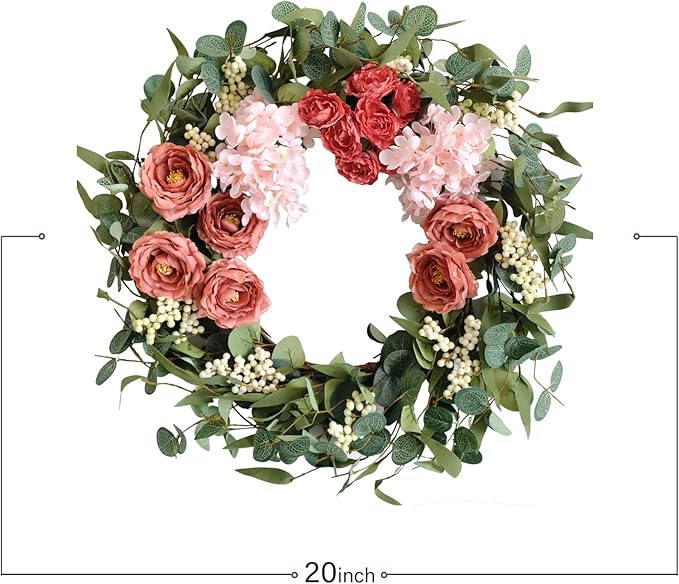 TEMPUS 20 inches Artificial Pink Peony Wreath for Front Door Wreath with Hydrangea Green Leaves Valentines Mother's Day Decor Wall Wedding Party Home Decor (Pink)