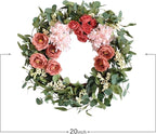 TEMPUS 20 inches Artificial Pink Peony Wreath for Front Door Wreath with Hydrangea Green Leaves Valentines Mother's Day Decor Wall Wedding Party Home Decor (Pink)