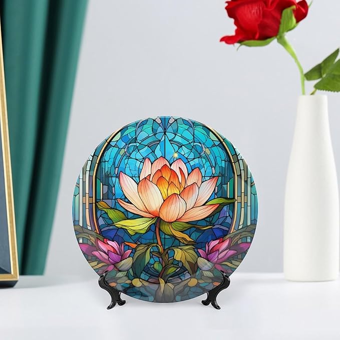Decorative Plates for Home Decor, Water Lily Blue Stained Glass Print Decor Tray for Table Display, Ceramic Dinner Plate W/Stand, Living Room Dining Room Decor, Gifts for Lotus Lover, 7 Inch