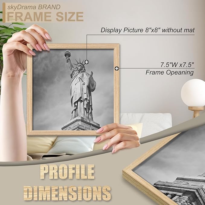 Natural Solid Wood 8x8 Picture Frame, Display 8 x 8 Inch Picture Poster Photo, Vertical & Horizontal Wall Hanging - 2 Pack/Natural/8"x8"