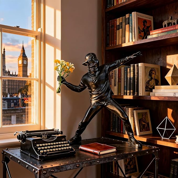 Banksy Street Graffiti Art Statue,Throwing Flower Boy Figurine,Resin Statue Ornaments,Living Room Dining Desk Decorations,Bookshelf Decorative Objects,Modern Home Decor(8.6"/Black)