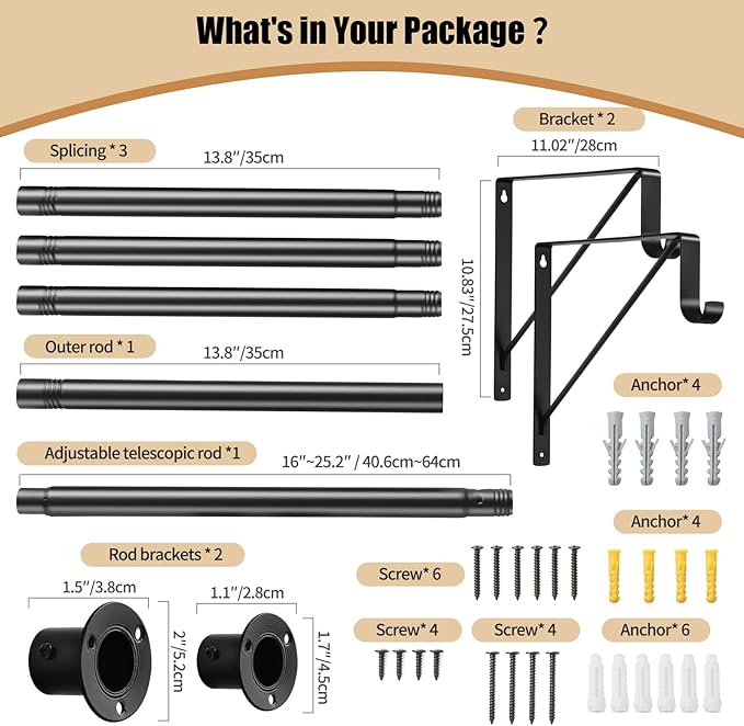 Closet Rod, 16 to 75 Inch Heavy Duty Adjustable Clothes Rod for Hanging Clothes and Heavy Duty Clothes Rod Bracket Rods Support (The Shelf NOT Included) (Black)