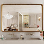 LOAAO 48X32 Inch Bathroom Mirror with Wood Grain Colored Metal Frame, Rounded Rectangle Metal Framed Bathroom Mirror, Anti-Rust, Hangs Horizontally or Vertically, Tempered Glass
