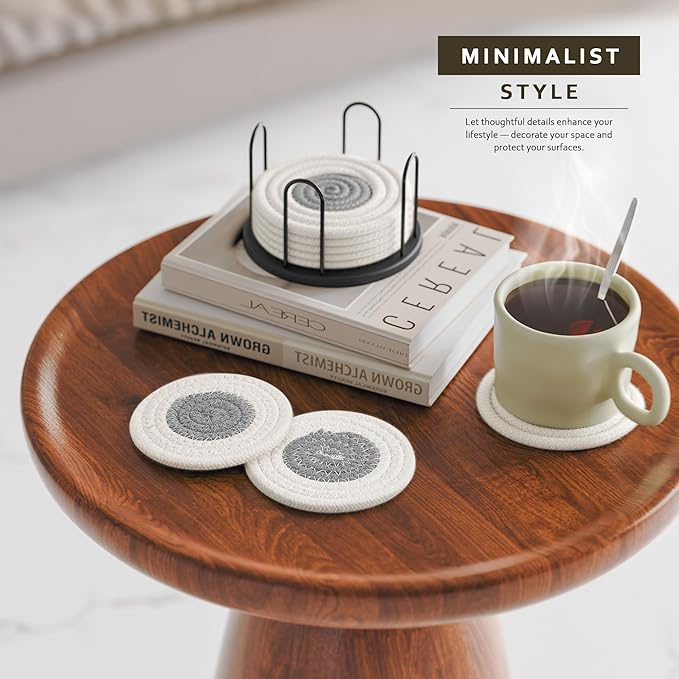 Lazebox Coasters Set of 8 for Drinks, 4 Inch Large Coasters for Coffee Table, Tabletop Protection for Hot & Cold Drinks, Versatile Coasters for Home Decor, Non-Slip & Easy to Clean, White with Grey
