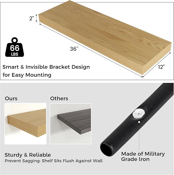 Venusmiles Floating Shelves for Wall, 36 Inch Wide x 12 Inch Deep Floating Shelves, Long Wood Floating Wall Shelf Shelves for Living Room Bathroom Bedroom Kitchen Home - (Oak, 36" W x 12" D x 2" H)