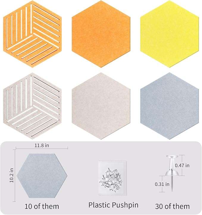12'' Hexagon Cork Board Tiles Alternative, 10 Pack Frameless Felt Bulletin Board Tiles, Removable Corkboard for Wall, Decorative Pin Board for Office Wall Decor, Vision Board with 30 Pushpins