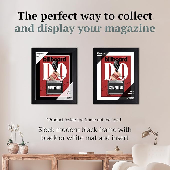 Creative Picture Frames 10 x 13 Magazine Frame with Full-Strength Glass, Holds Up To A 1/4" Thick Media with Installed Hangers for Easy Mounting, 11x14 Black Frame with Black Mat