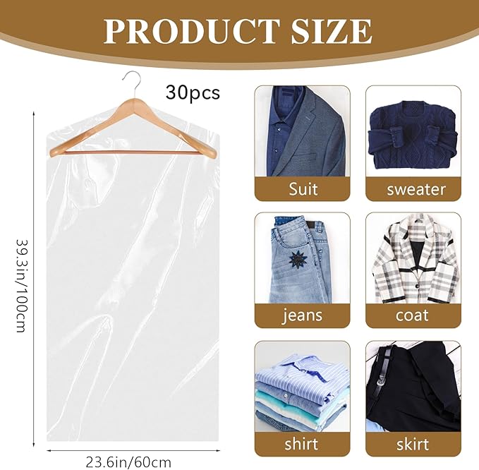 30 Pack Transparent Dust-proof Garment Covers Clear Clothes Covers for Hanging Garment Plastic Suit Bags Dry Cleaning Bags for Dry Cleaner, Home Storage, Travel (60 x 100cm)