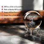 IFOLAINA 3D Tree of Life Crystal Ball with Stand Laser Engraved Glass Ball Tree of Life Decor Decorative Globes 3D Crystal Plant Sphere Gifts for Her Birthday