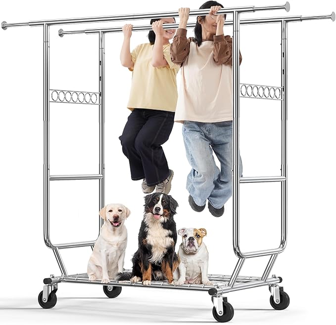 HOKEEPER Clothes Rack Heavy Duty Clothing Rack Load 650 LBS Collapsible Garment Rack with Wheels Double Rod Clothes Rack for Hanging Clothes Commercial Portable Closet Rack with Shelves 22"D*75"W*68"H