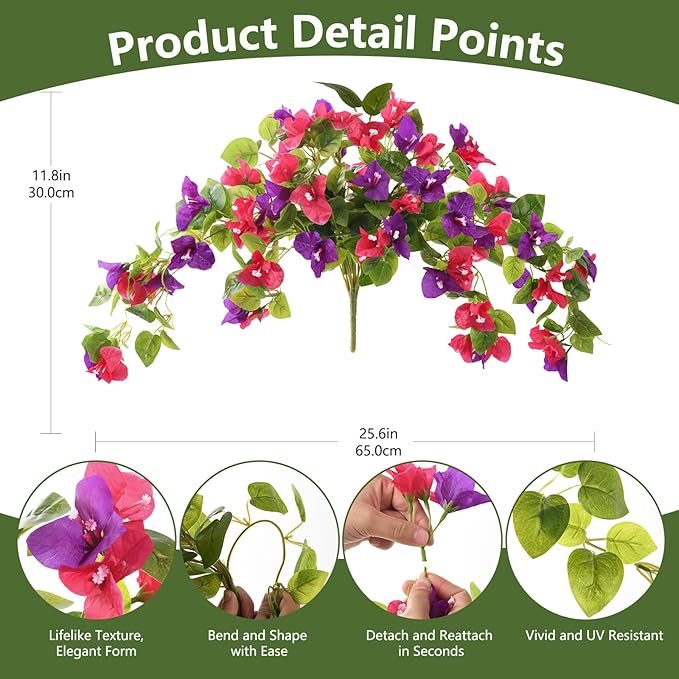 Homsunny Artificial Fake Flowers Plants for Outdoor Decoration, 2 Pcs Faux Silk Flower Bougainvillea Vines Look Real UV Resistant for Home Porch Patio Balcony Yard Spring Decor(Mix Purple)