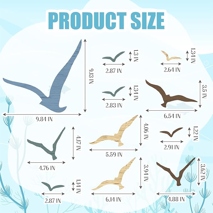 Wesiti 11 Pcs Wooden Seagull Wall Decor Nautical Theme Beach Coastal Art Small Seagull Sea Birds Wall Decor Ocean Adhesive Sculpture Vintage Ornaments for Home Bathroom(Dusty Blue)