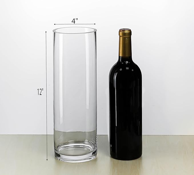 CYS Excel Clear Glass Cylinder Vase (H:12" D:4") | Multiple Size Choices Glass Flower Vase Centerpieces | Hurricane Floating Candle Holder