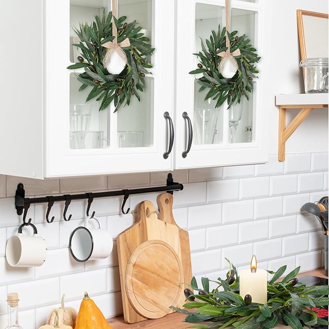8 Pcs Artificial Green Olive Wreaths Greenery Wreath with Olive Leaves Mini Green Kitchen Cabinet Wreaths Swag Spring Summer Wreath for Front Door Porch Wall Window Farmhouse Wedding Decoration