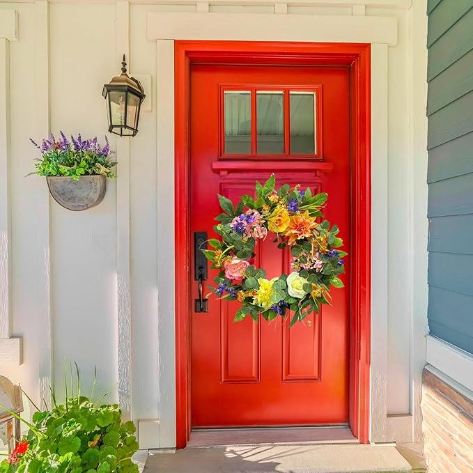 Svndlyn 22 Inch Lighted Spring Summer Wreath for Front Door,Dahlia Pinnata, Roses, Eucalyptus Leaves, Peony, Mixed Flowers,Artificial Wreath for Front Door Spring Outdoor Home Decor Easter Decor