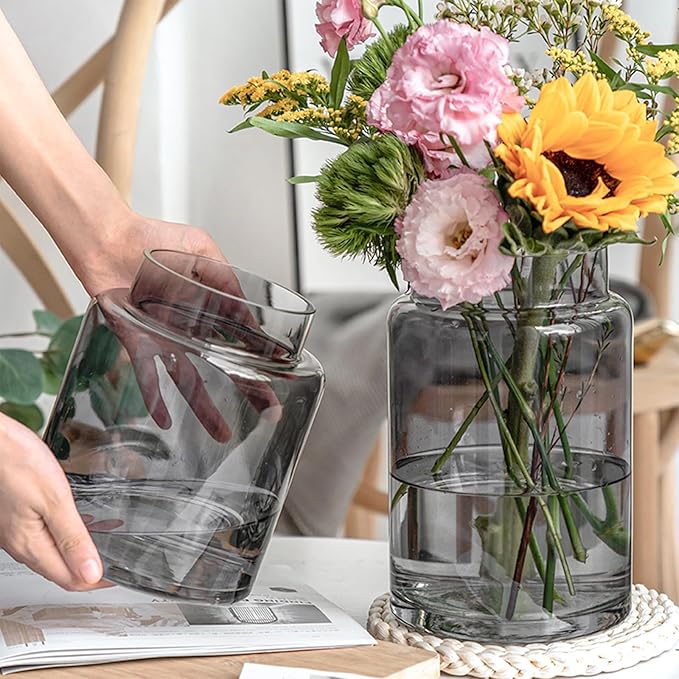 7 Inch Tall Vases for Flowers, Large Glass Vase for Centerpieces, Clear Glasses Home Decor Modern Jarrones Decorativos for Wedding Living Room Dining Table (Gray)