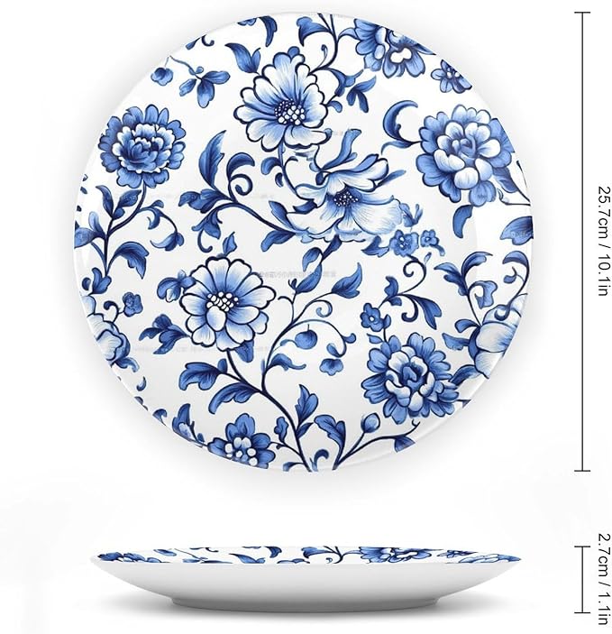 Blue Ceramic Decorative Plate, Floral Design Decorative Dish with Stand, Chinese Style Bone China Decorative Plates Art Porcelain Plate for Living Room Hallway Table Decor