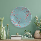 Japanese Spring Theme Decorative Ceramic Plate Round Porcelain Plate,Sakura Tree Branches Pattern,for Decorative Ornaments Giving Plates, 1 Plate with 1 Display Stand,Blue Pink,8 inch
