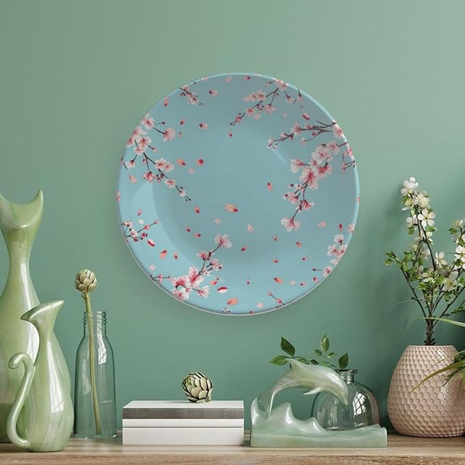Japanese Spring Theme Decorative Ceramic Plate Round Porcelain Plate,Sakura Tree Branches Pattern,for Decorative Ornaments Giving Plates, 1 Plate with 1 Display Stand,Blue Pink,10 inch