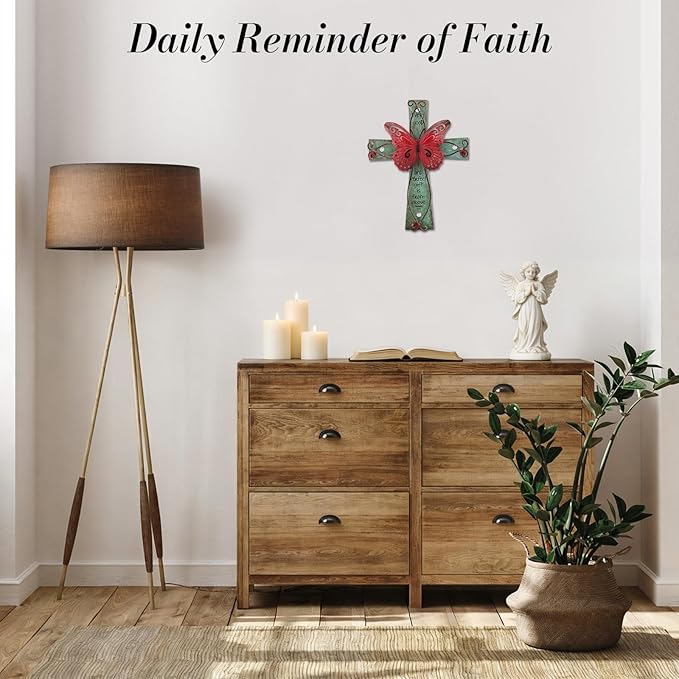 INHAI Handcrafted Christian Wall Cross 9x7,James 1:17 Verse on Wood with Antiqued Metal,Mother's Day Inspirational Home Decor Gift(Red)