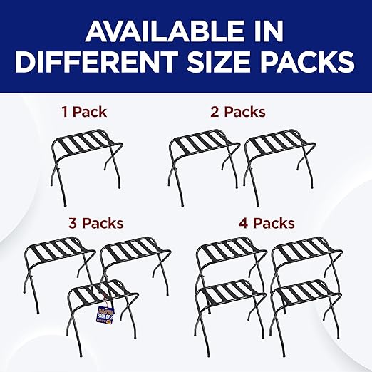 Lifemaster Metal Luggage Rack - Pack of 3 Foldable, Easy Assembly, Space Saving, and Stylish Steel Frame Guest Suitcase Stands with Nylon Straps - Black