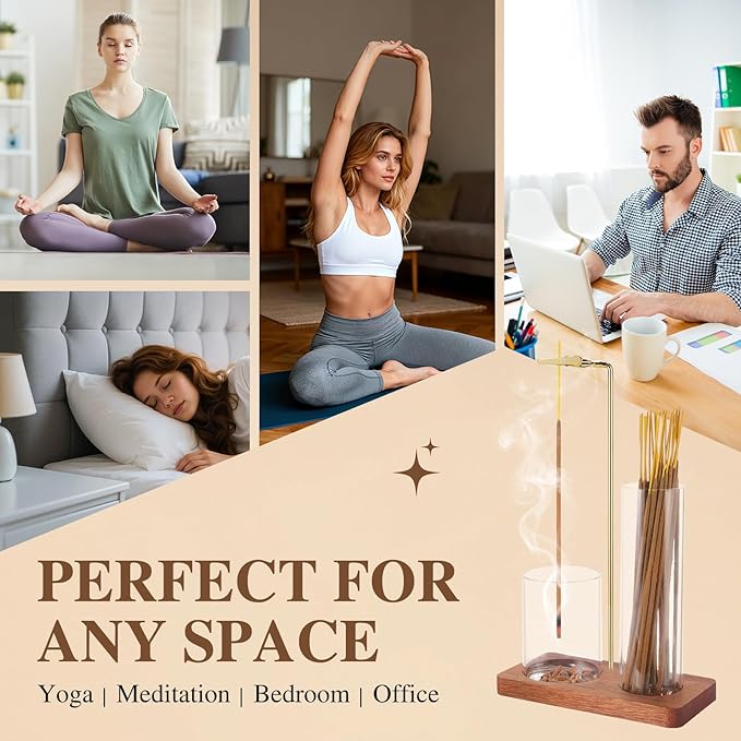 2 in 1 Incense Holder for Sticks with Glass Ash Catcher, Upside Down Anti-Ash Incense Stick Burner, Modern Vertical Incense Holder for Yoga, Spa, Meditation and Home Decor （Sqare）