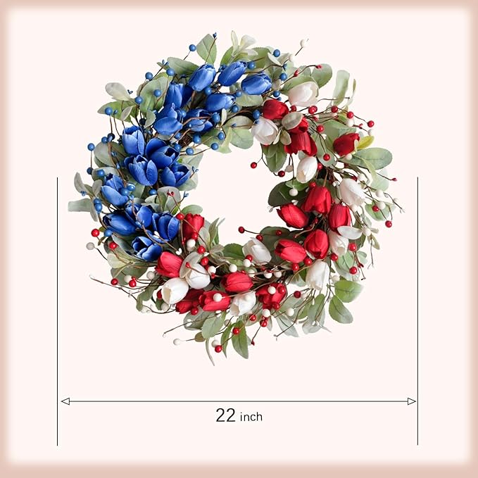 22" Tulip Flower Patriotic Wreaths Red White Blue Decor Memorial Day Independence Day 4th of July Flag Day Wreaths