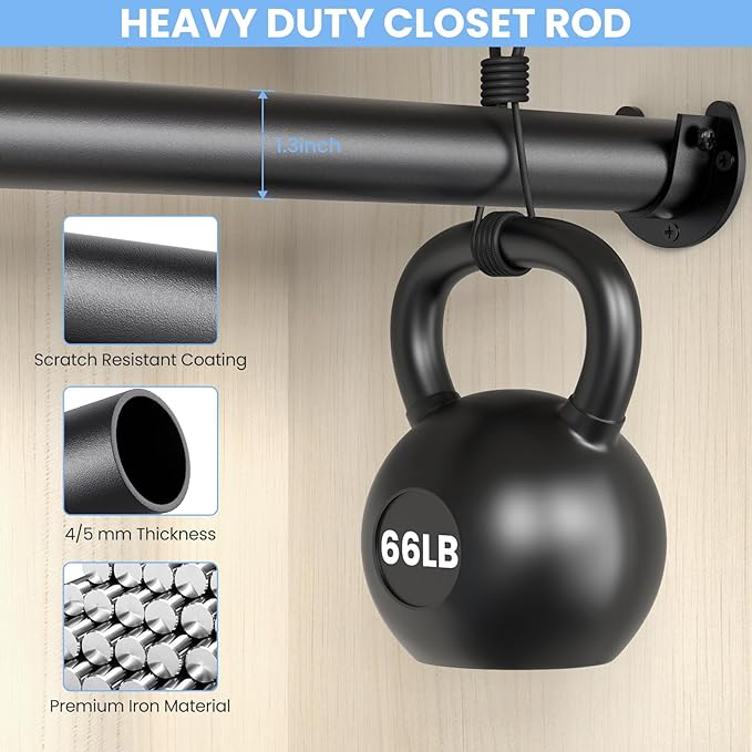 Closet Rods for Hanging Clothes, 17 to 99 Inch Stepless Adjustable Closet Rod, 1.3 Inch Diameter Metal Heavy Duty Closet Hanging Rod for Closet Wardrobes Laundry RV, Black