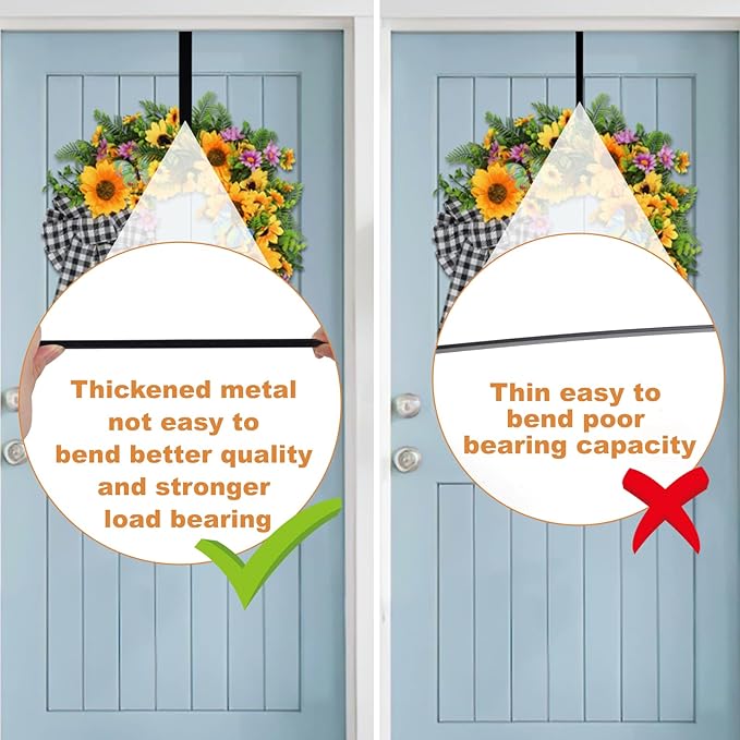 PECULA 4 Pack 14” Wreath Hangers for Front Door, Wreath Door Hanger 40lb Load-Bearing, Metal Wreath Hanger for Welcome Sign, Door Wreath Hanger for Halloween, Easter, Christmas Decorations (Black)