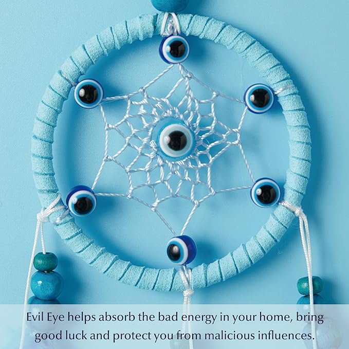 Pretty Jolly Small Evil Eye Dream Catchers Wall Decor Wood Beads Handmade Blue Feathers Mini Dreamcatchers Home Decoration Ornament for Car Bedroom Birthday Party