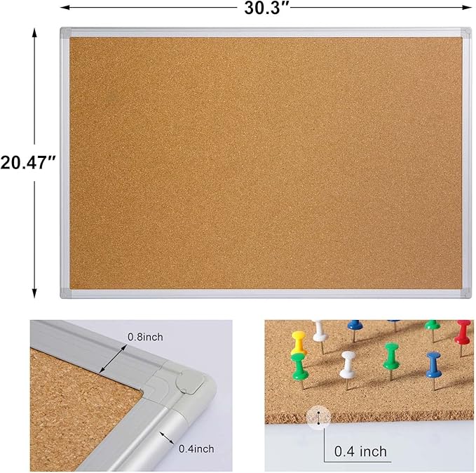 Cork Board Bulletin Board 20 x 30 Inches, Silver Aluminium Framed Corkboard, Office Board for Wall Cork, Large Wall Mounted Notice Pin Board