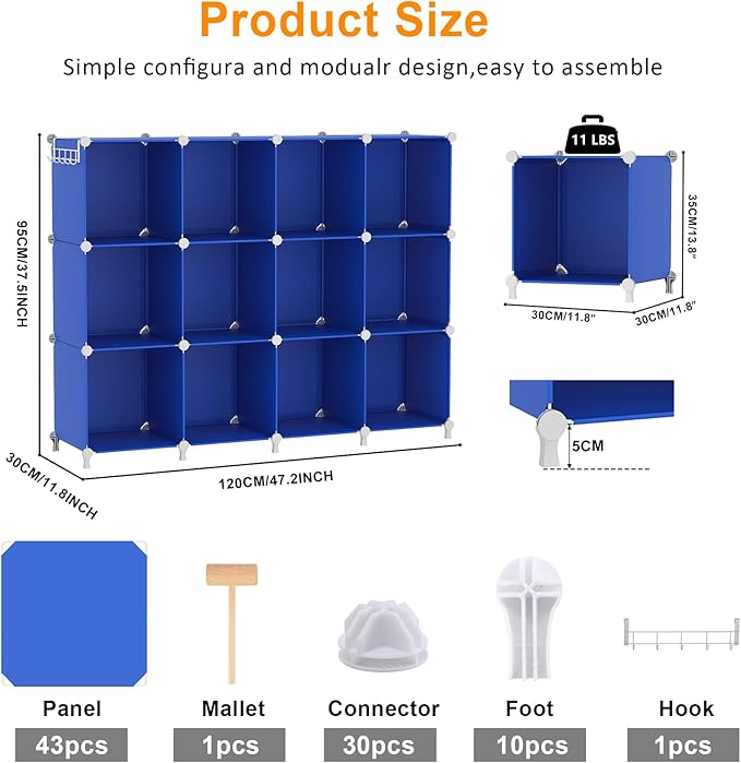 AWTATOS Cube Storage Organizer, 12 Cube Closet Organizers and Storage Shelves, DIY Stackable Bookshelf for Bedroom, Home, Admiral Blue