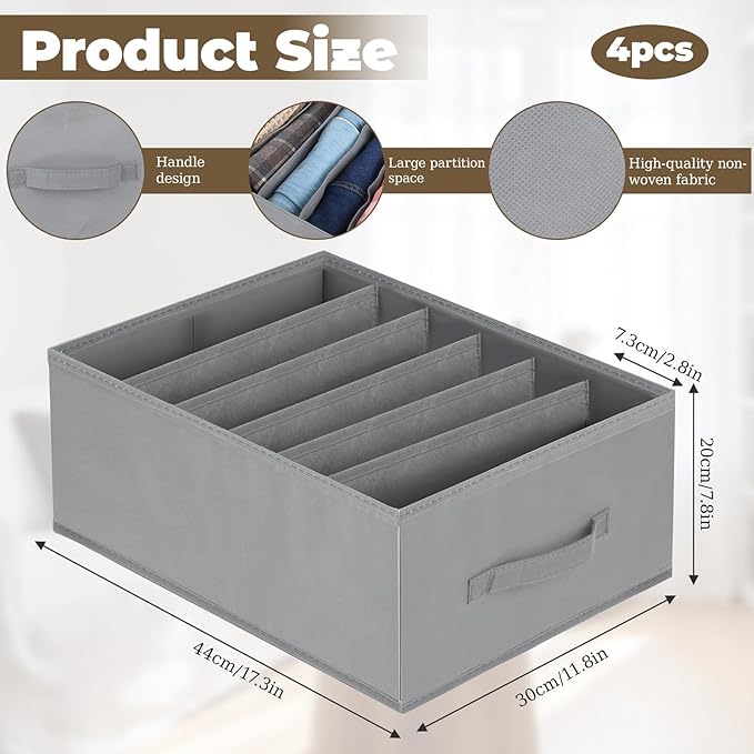 4Pcs Large Foldable Closet Clothing Organizer Boxes, 6 Grids Divider Clothing Organizers, Frame Support Wardrobe Closet Organizer with Handles, for Clothes, Pants, Jeans, Sweaters, T-shirts
