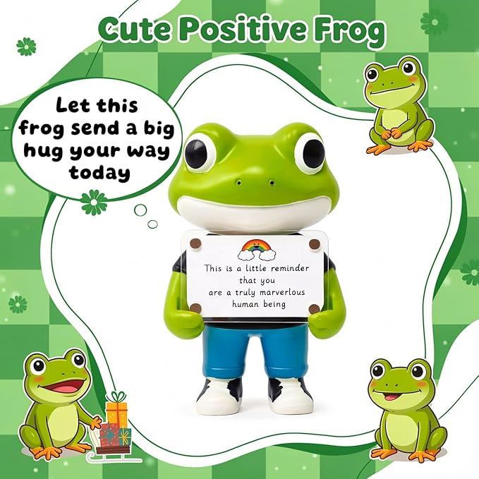 Positive Frog Figurine - 4.9" Tall Hand-Painted Resin Indoor Office Desk Decoration with Cute Motivational Sign, Funny Gift for Women Friends Bestie BFF Bestfriend Coworkers