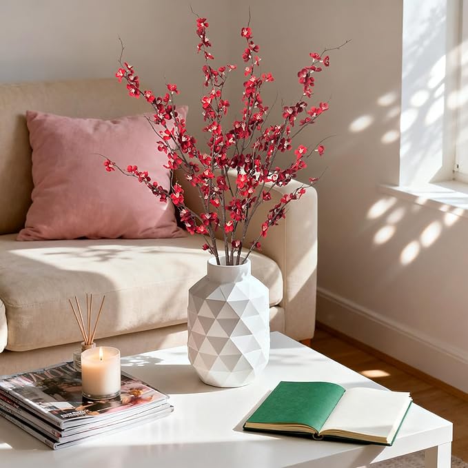 4Pcs Cherry Blossom Branches Artificial Flowers for Spring Summer Indoor Decoration,Faux Long Stem Artificial Flowers for Wedding Home Office Bedroom Party Table Centerpieces Decor(Red)