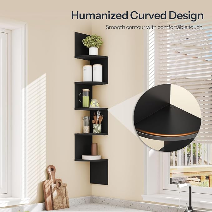 HOOBRO Corner Shelf Wall-Mounted, Set of 2 Floating Corner Shelves for Wall, 5-Tier Corner Bookshelves for Living Room, Bedroom, Bathroom, Home Office, Black BK26BJP201
