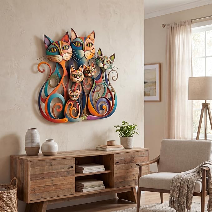 Wesiti Cat Wall Art Decor Iron Wall Sculptures Decor for Cats Lover 12.3 x 13 Inches Colorful Retro Mid Century Cat Signs for Home Living Room Bedroom Kitchen Office