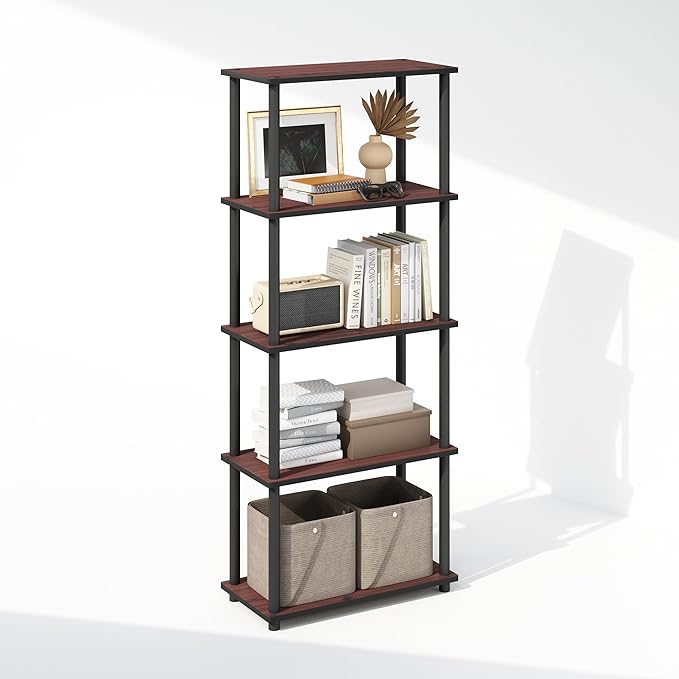 Furinno Turn-N-Tube Book Shelf, 5-Tier Bookshelf, Bookcase with Multipurpose Compact Display Rack, 11.6 x 23.6 x 57.4, for Living Room, Bedroom, Home Office, Dark Cherry/Black