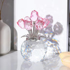 Arikyrist Crystal Pink Rose Bouquet Figurine with Round Vase, Glass Rose Flower Romantic Gifts for Her Mom on Anniversary, Collectible Decoration Table Centerpiece for Home