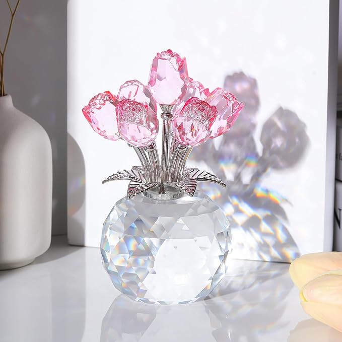 Arikyrist Crystal Pink Rose Bouquet Figurine with Round Vase, Glass Rose Flower Romantic Gifts for Her Mom on Anniversary, Collectible Decoration Table Centerpiece for Home