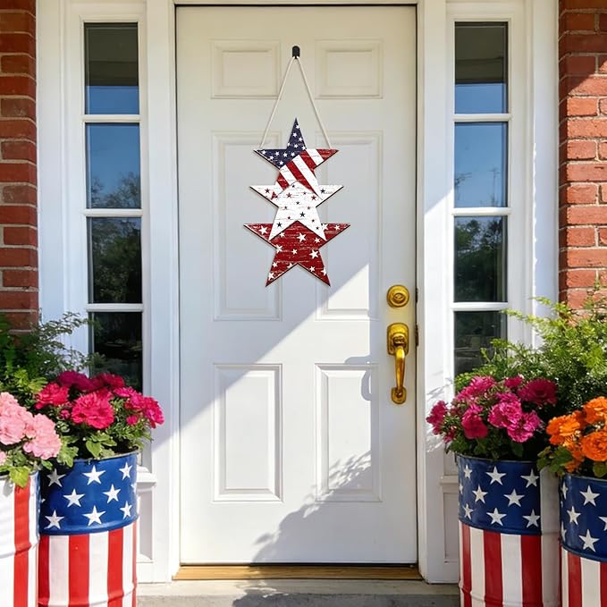 4th of July Decorations Wooden Welcome Sign, Wooden American Flag Star Wreath, Outdoor Wall Hanging for Front Porch, Memorial Day Home Decor (Retro)