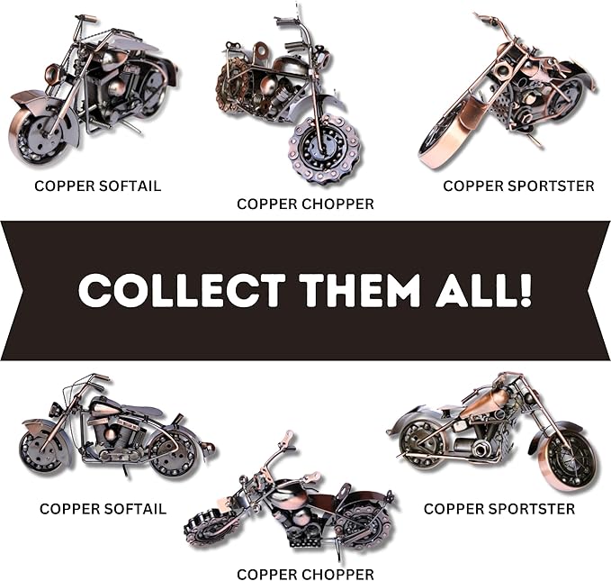 Trebisky Metal Motorcycle Sculpture (Copper Chopper) – Vintage Scrap Art Desk Decor for Office & Home, Unique for Dad, Men, Father, or Biker Enthusiasts